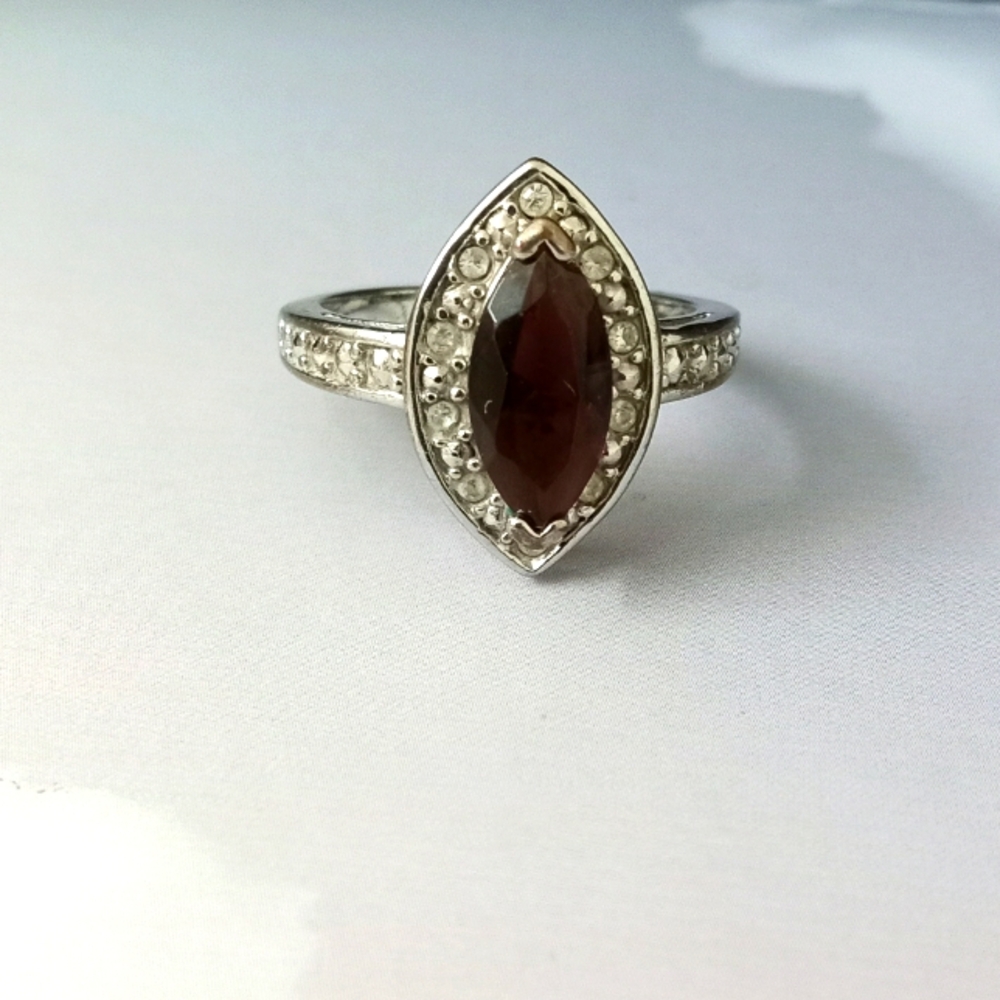 Nevada Sliver Vintage Burmese Marquise Garnet & Diamond Ring - Size: 7 - 7.5
